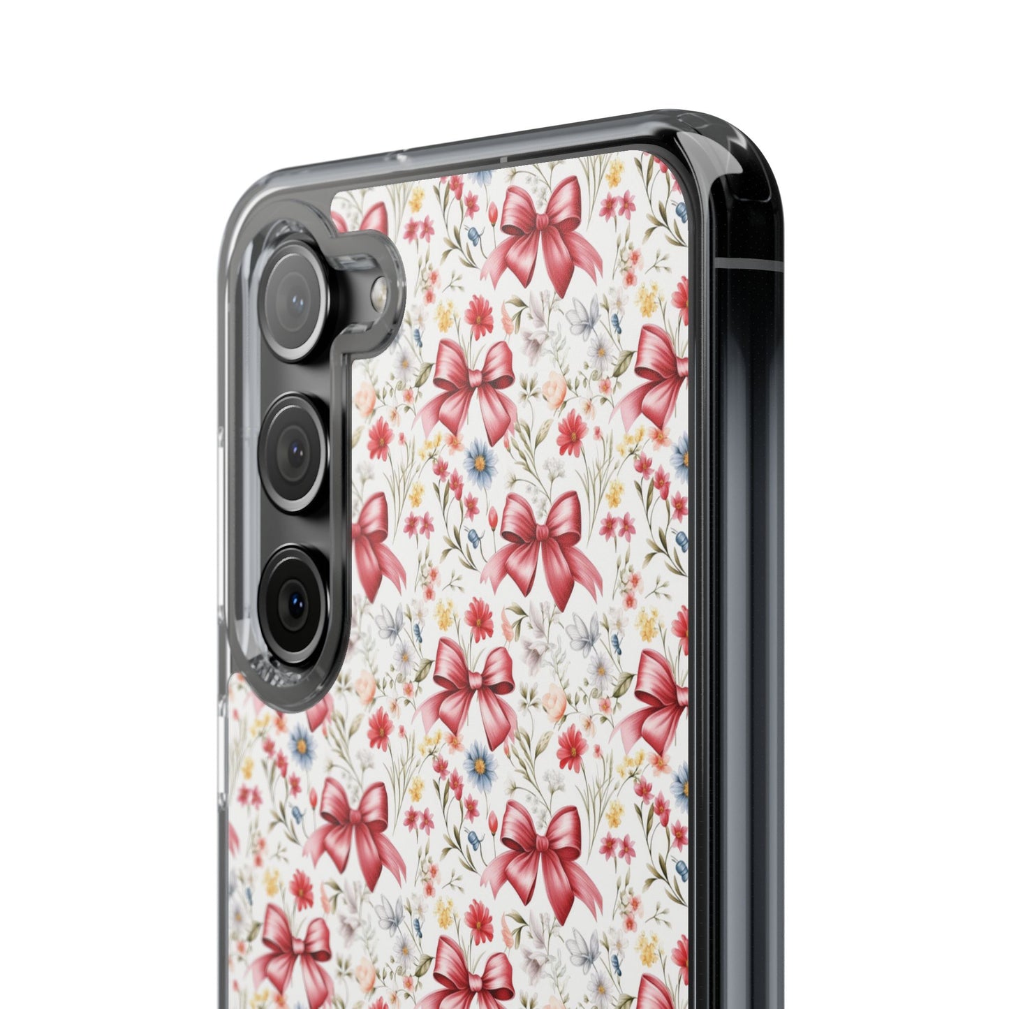 Personalized Rosette Coquette Floral Bow Clear iPhone, Samsung Cases — Custom Name Phone Cover