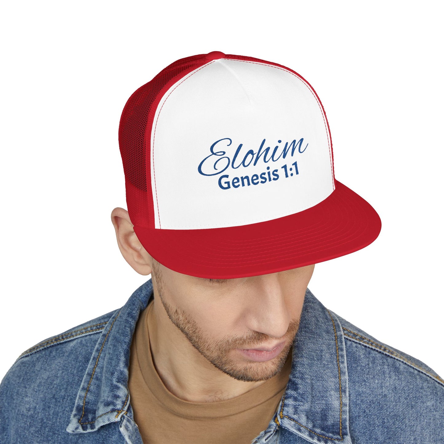 Navy 'ELOHIM, GENESIS 1:1'  Embroidered 5 Panel Trucker Cap | Casual Style Hat, Adjustable, Unisex, Perfect Gift for Outdoors, Festivals, Daily Wear