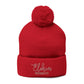 Red Pom-Pom Knit Cap with 'ELOHIM, GENESIS 1:1'  Embroidery Beanie - Stylish Winter Accessory for All Ages, Perfect Gift for Birthdays, Holidays, and Outdoor Activities