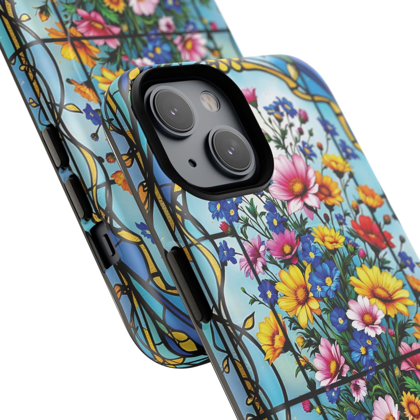 Floral Stained Glass Tough Magnetic Case, Durable Phone Cover, Gift for Nature Lovers, Unique Floral Design, Phone Accessories for All Occasions.