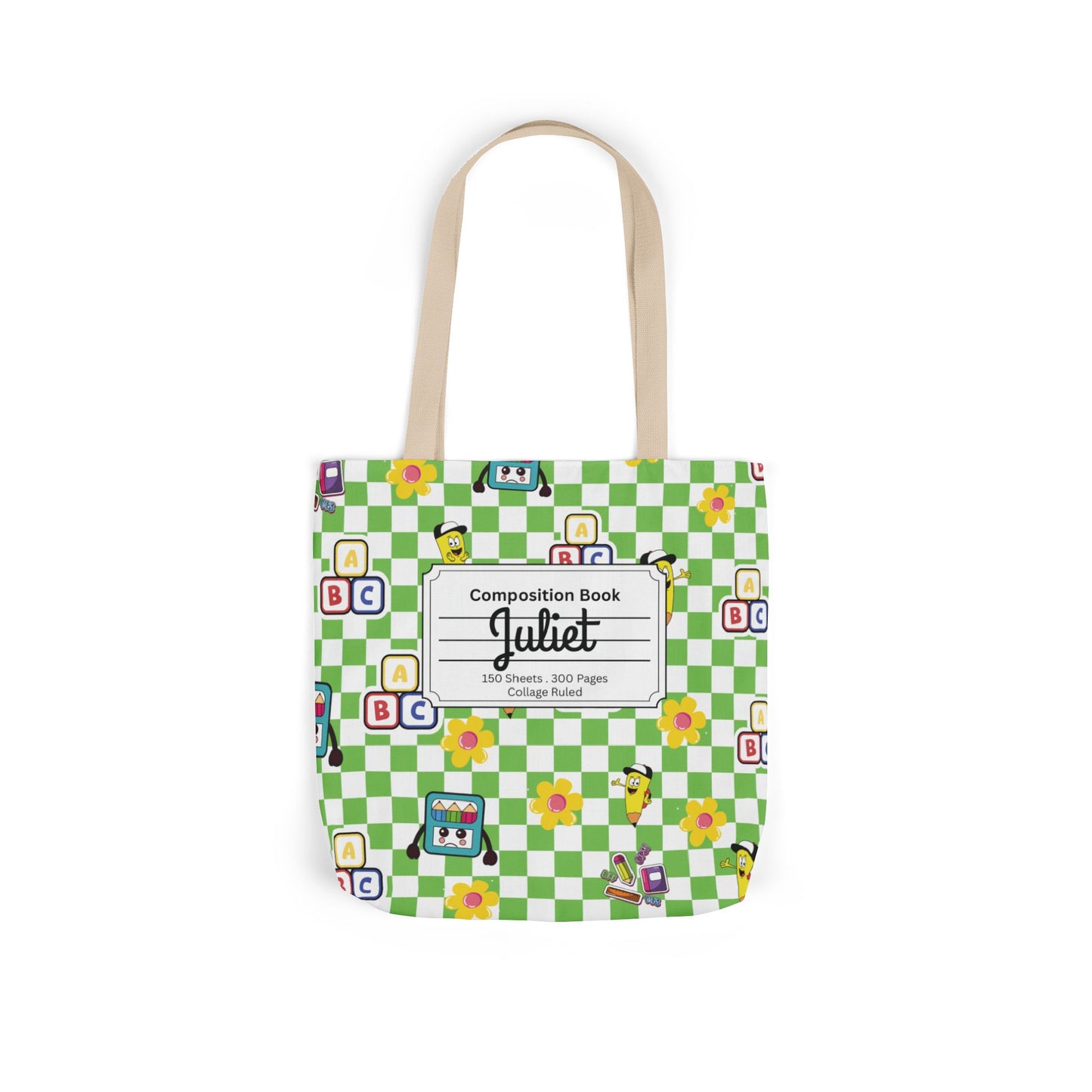 Personalized Green Schoolyard Chic Composition Book Inspired Canvas Tote Bag with Colorful Straps, Cute School Bag, Eco-Friendly Tote, Back to School Shopping Bag, Teacher Gift Idea