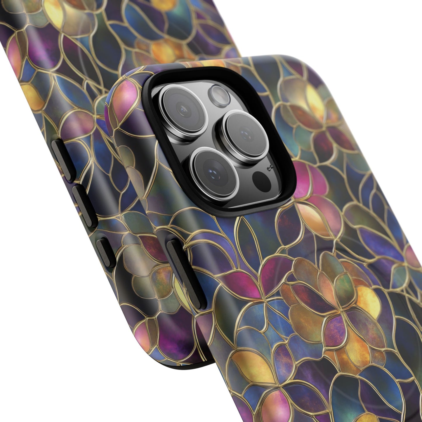 Chromatic Bloom Tough iPhone Magnetic Case, Tough iPhone Cover, Floral iPhone Accessory, Birthday Gift, Elegant Tech Decor, MagSafe Stained Glass Pattern.