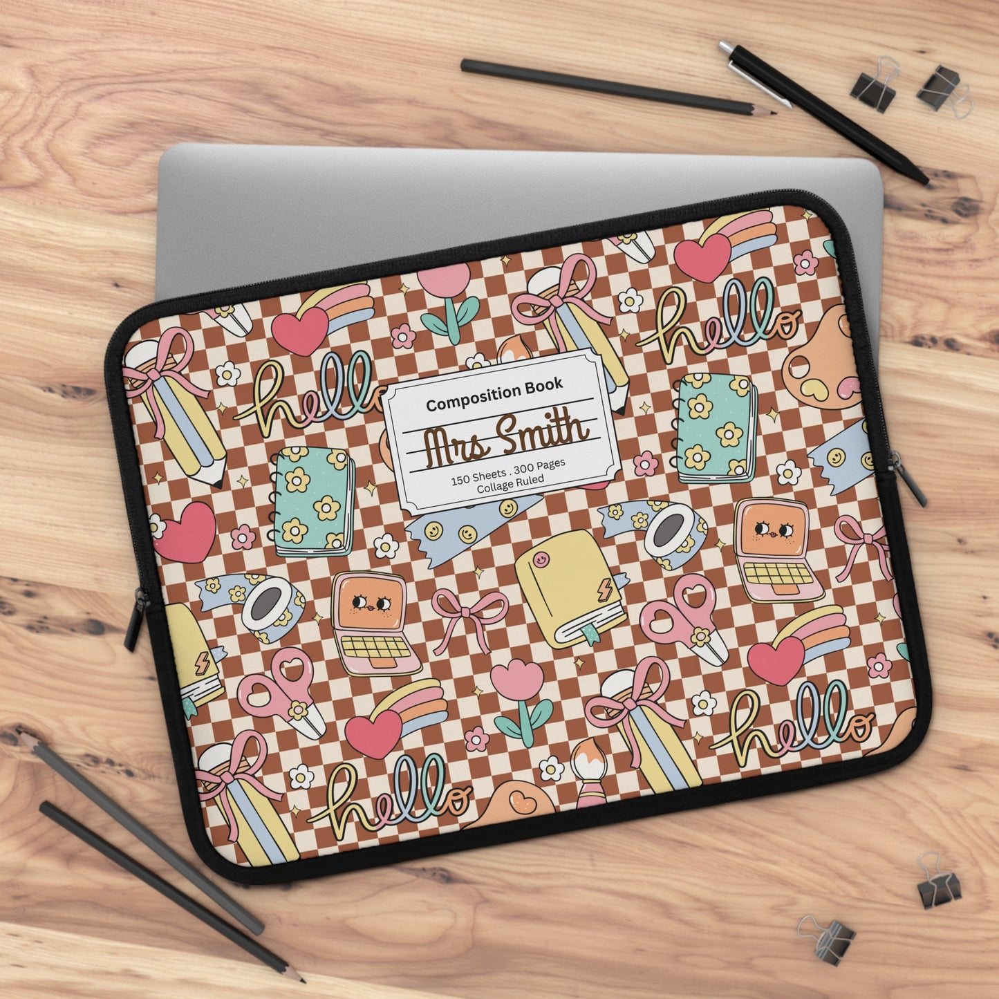 Personalized Brown Doodle Daydream Laptop Sleeve with Composition Book Inspired Design, Customizable Tech Case, School Supplies, Gift for Students, College Essentials, Back to School