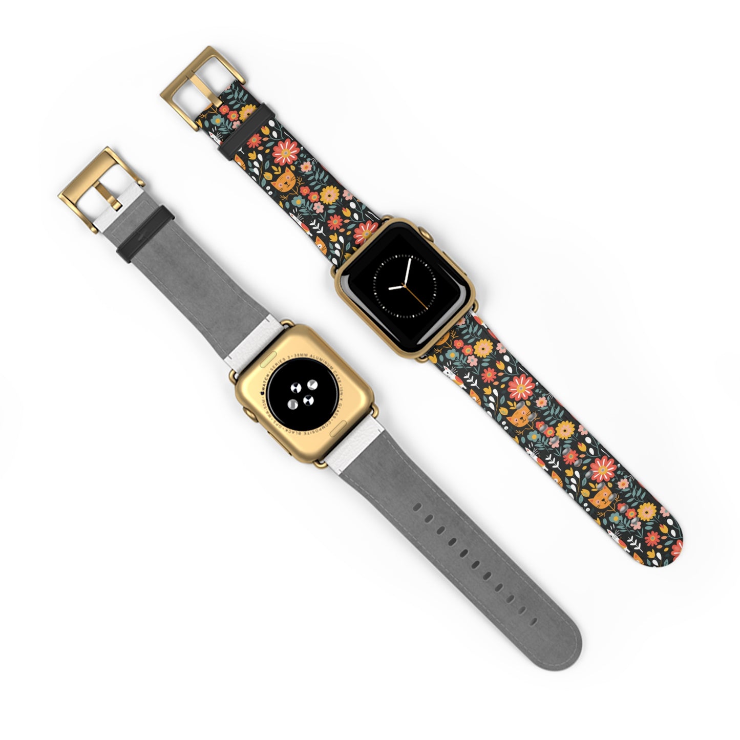 Whimsical Feline Garden Print Watch Band for Apple Watch - Cute Animal Design.