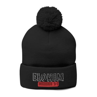 Cozy Pom-Pom Knit Cap with 'ELOHIM, GENESIS 1:1'  Embroidery Beanie - Stylish Winter Accessory for All Ages, Perfect Gift for Birthdays, Holidays, and Outdoor Activities