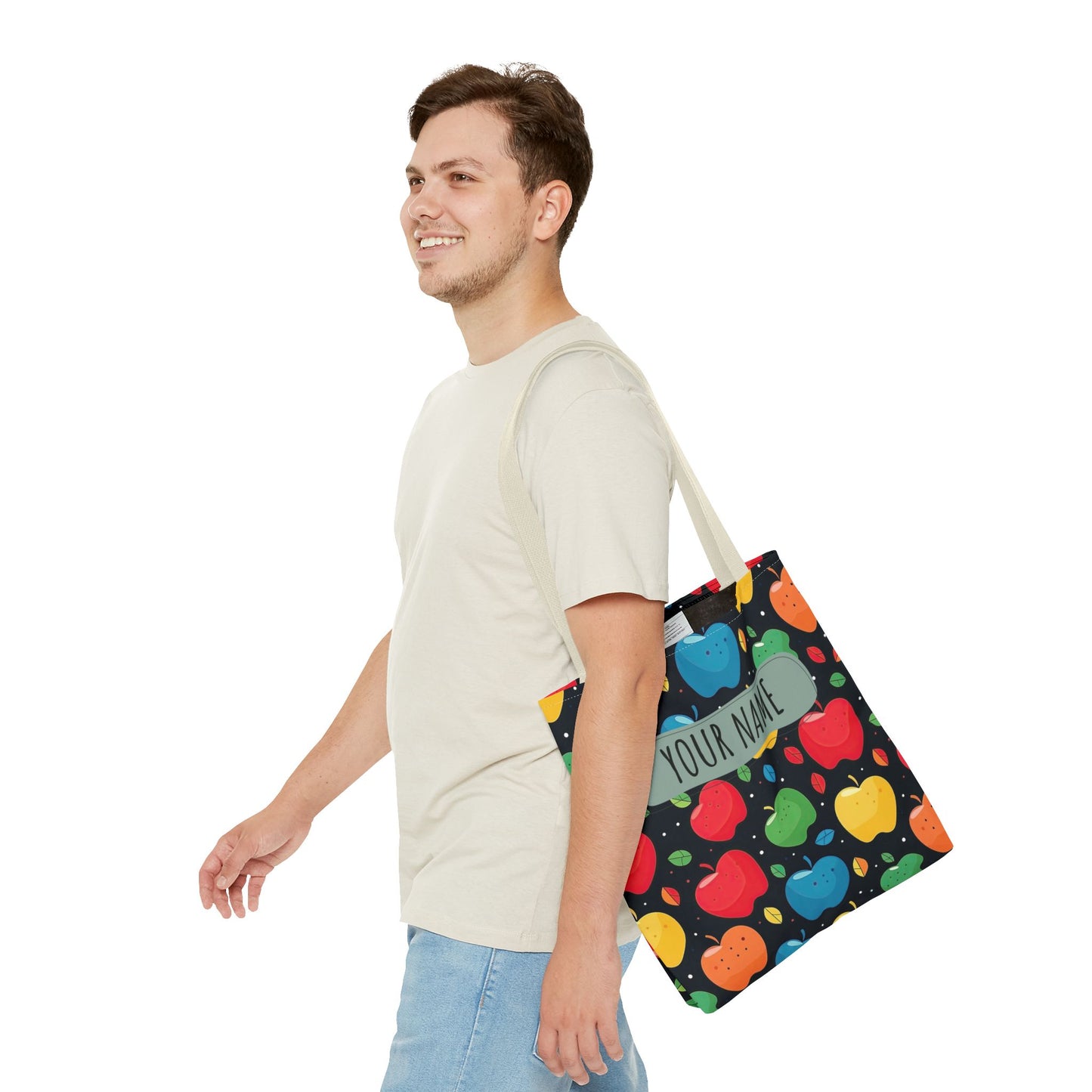 All-Over Apple Print Personalized Tote Bag — Durable Everyday Carry (3 Sizes, 5 Handle Colors)