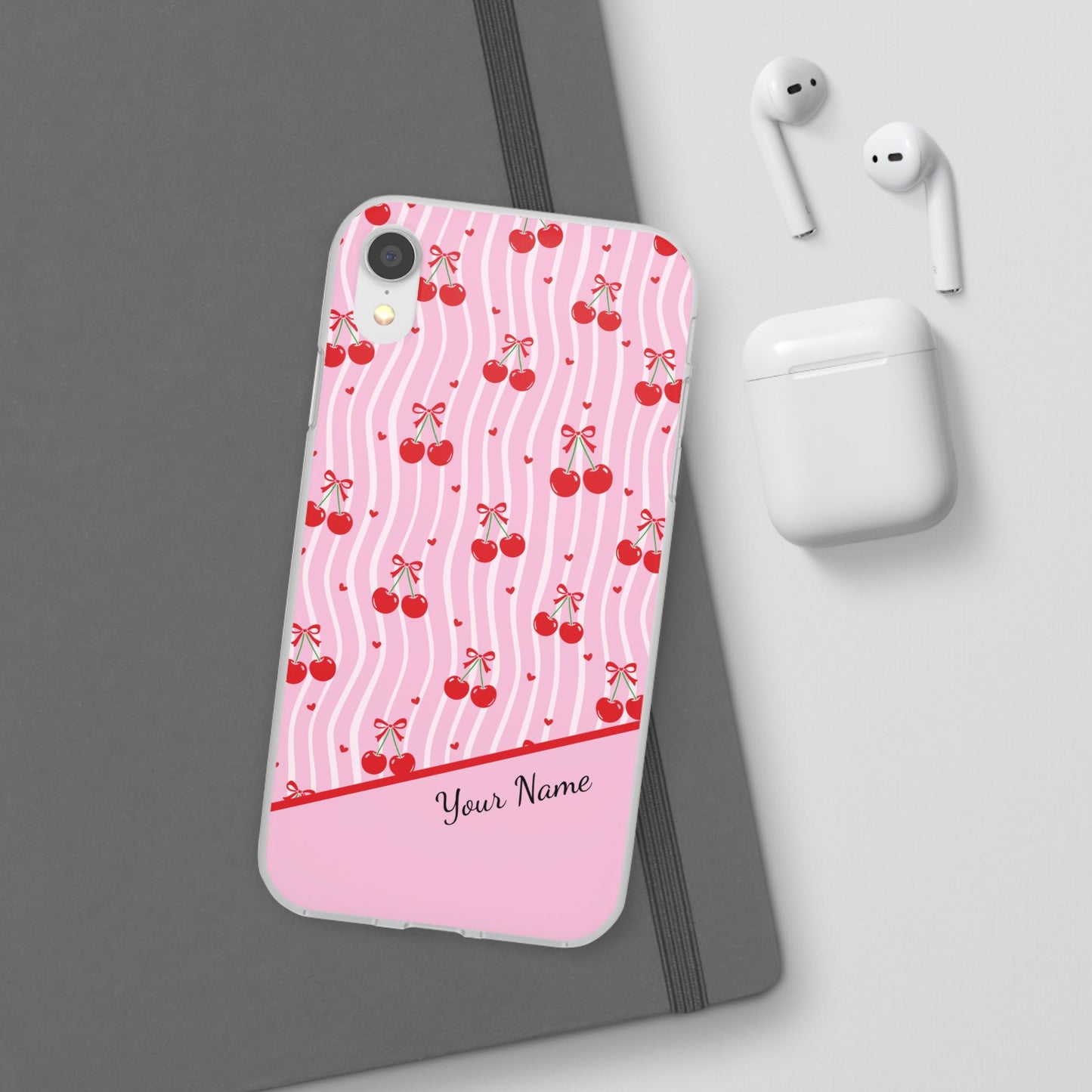 Personalized Cherry Blossom Dreams Flexi Case — Pink Retro Cherry iPhone® 7/8, 11, 12, 13, 14, 15, 16, 17, X/XS, SE, XR, Mini, Pro, Pro Max, Plus Cases.