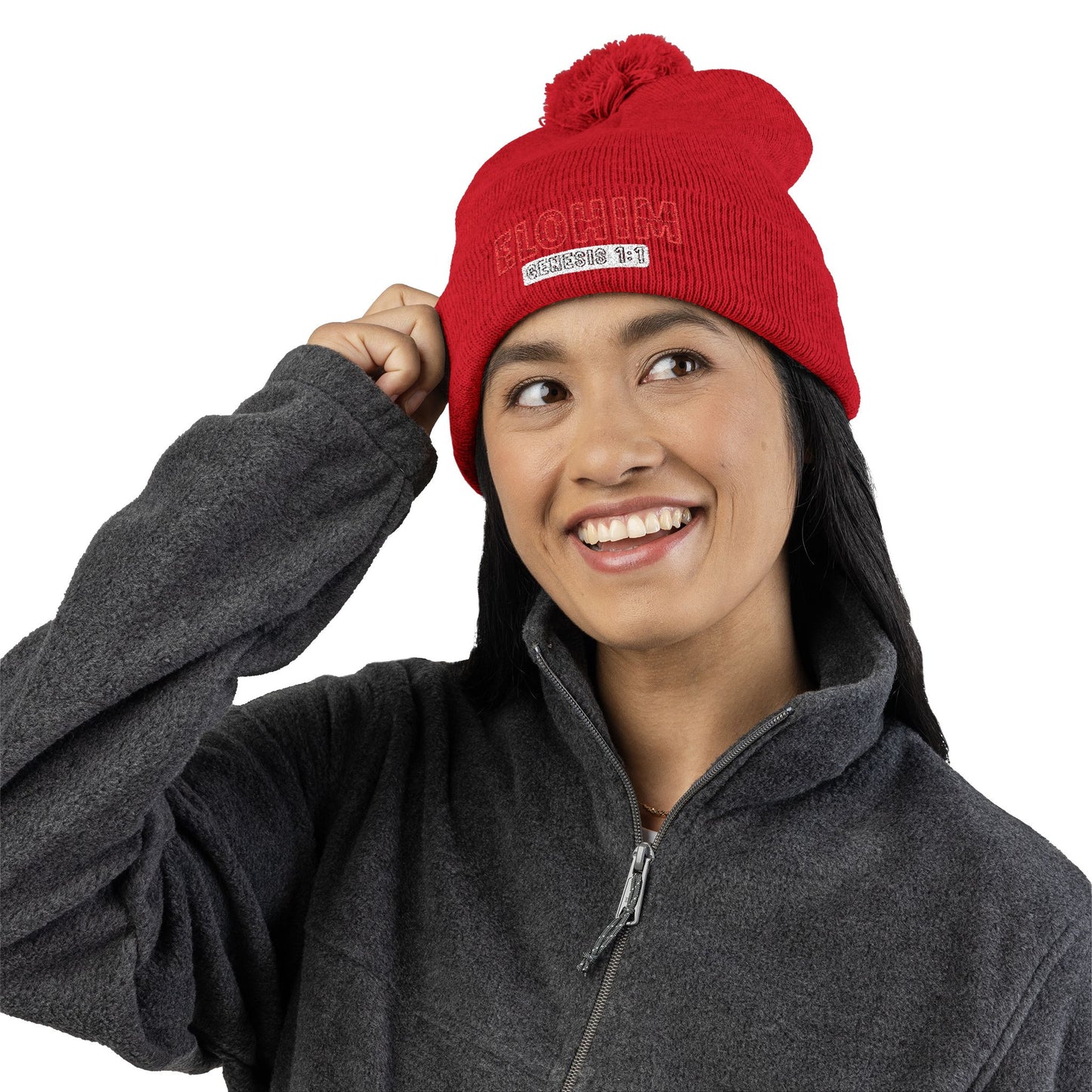 Red Pom-Pom Knit Cap with 'ELOHIM, GENESIS 1:1'  Embroidery Beanie - Stylish Winter Accessory for All Ages, Perfect Gift for Birthdays, Holidays, and Outdoor Activities