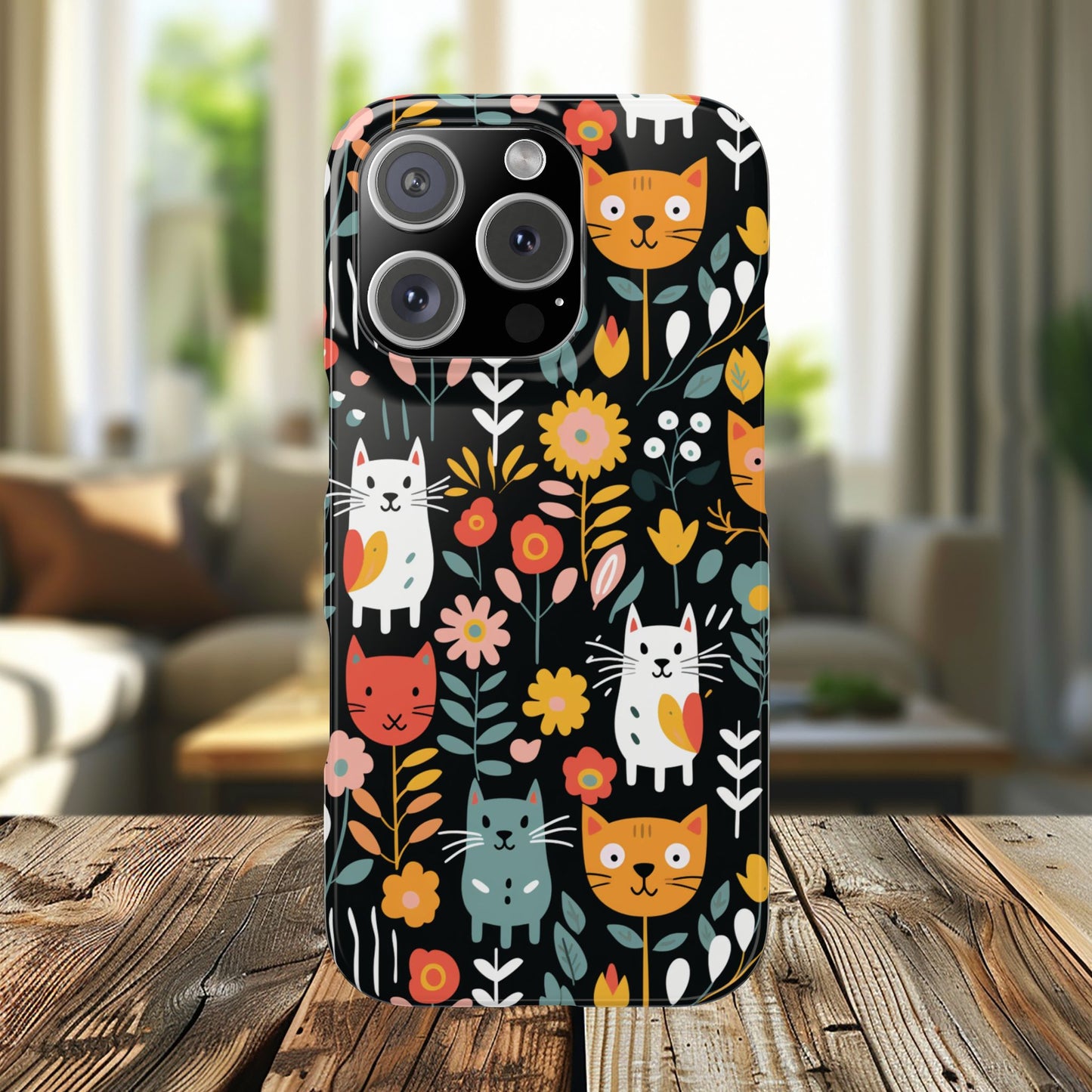 Whimsical Feline Garden iPhone Case — Slim Floral Cat Design (Matte or Glossy) for iPhones.