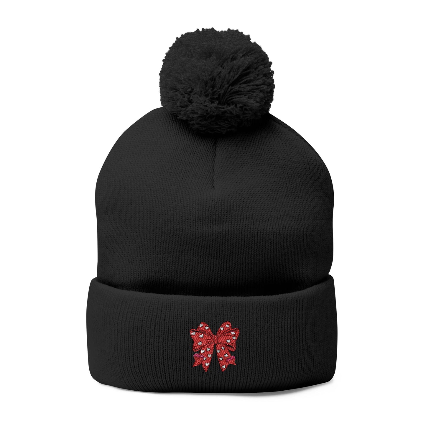 Cozy Pom-Pom Coquette Knit Cap with Embroidered Red Bow