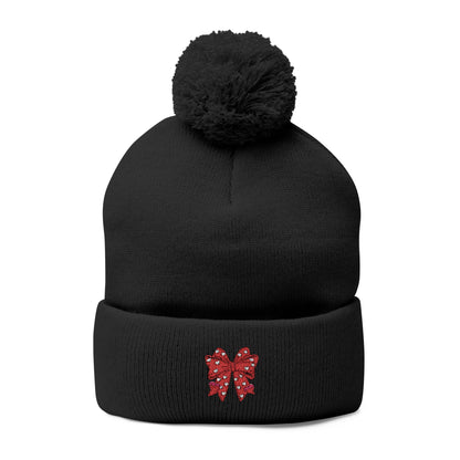 Cozy Pom-Pom Coquette Knit Cap with Embroidered Red Bow