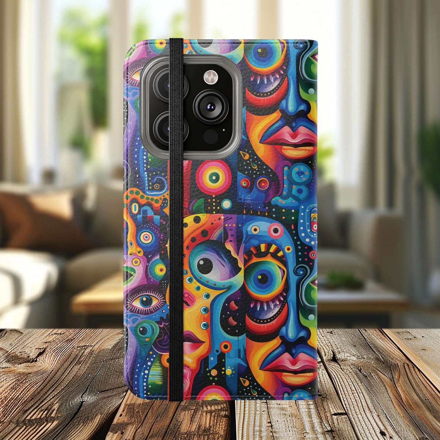 Psychedelic Visions Vibrant Art Flip iPhone and Samsung Phone Case - Colorful Faces Design for Phone Protection