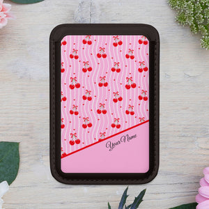 Personalized Cherry Blossom Dreams MagSafe Vegan Card Wallet — Pink Cherry Pattern with Custom Name