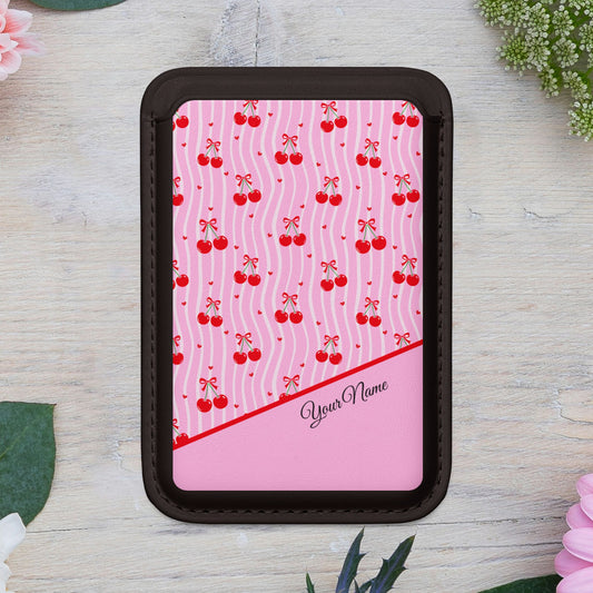 Personalized Cherry Blossom Dreams MagSafe Vegan Card Wallet — Pink Cherry Pattern with Custom Name
