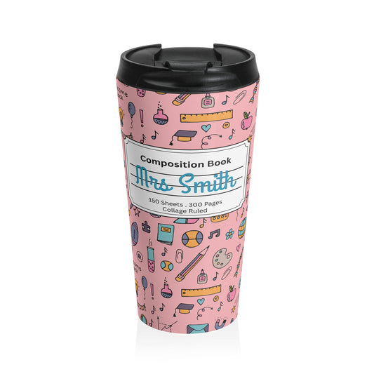 Customizable Pink Chalkboard Chic Composition Book Inspired Travel Mug, Personalized Gift for Teachers, Back to School Drinkware, Christmas Present, Stylish Coffee Cup