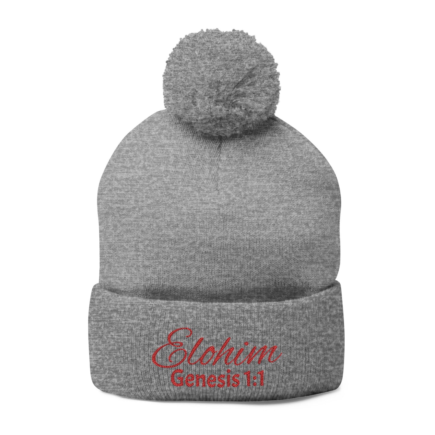 Red Pom-Pom Knit Cap with 'ELOHIM, GENESIS 1:1'  Embroidery Beanie - Stylish Winter Accessory for All Ages, Perfect Gift for Birthdays, Holidays, and Outdoor Activities