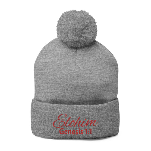 Red Pom-Pom Knit Cap with 'ELOHIM, GENESIS 1:1'  Embroidery Beanie - Stylish Winter Accessory for All Ages, Perfect Gift for Birthdays, Holidays, and Outdoor Activities