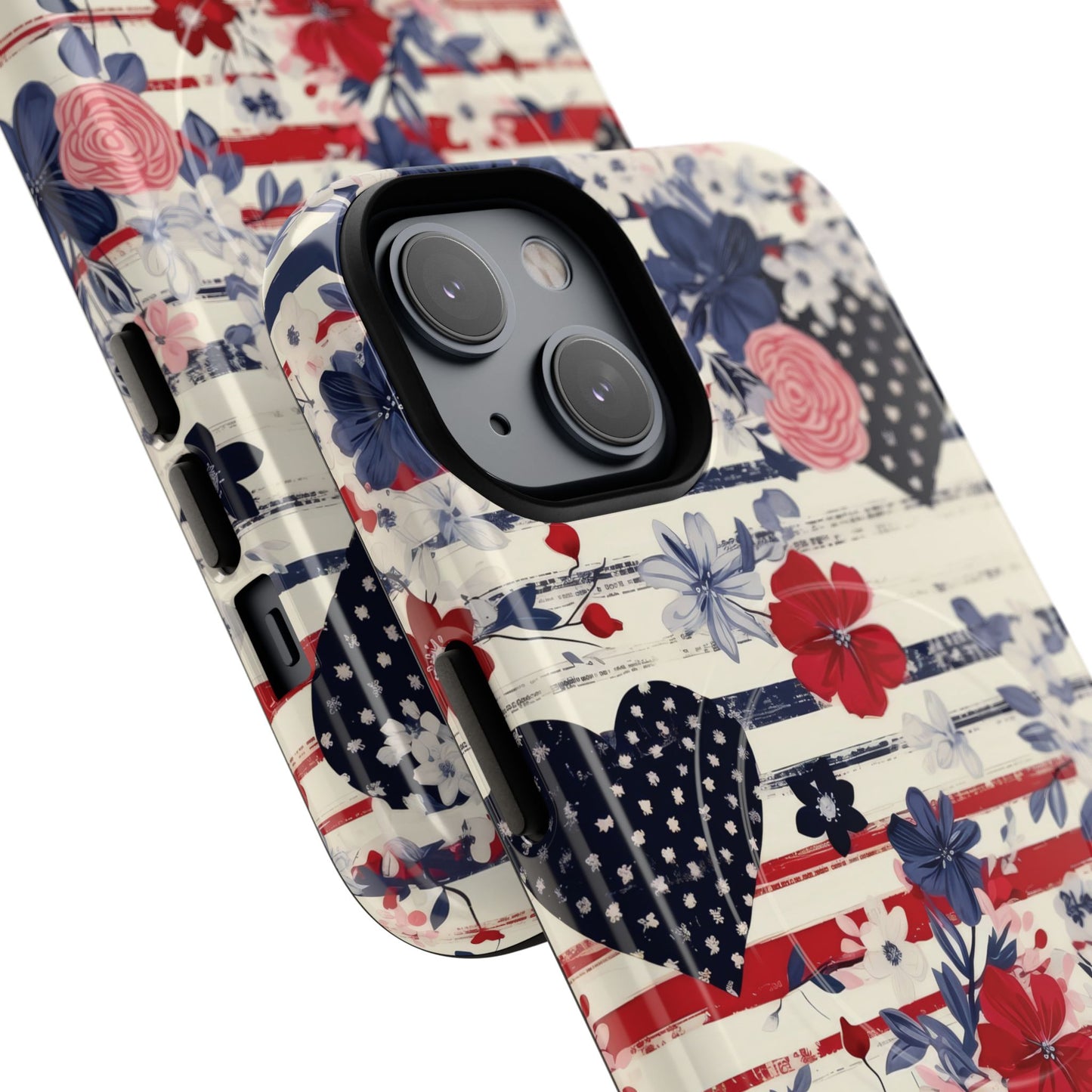 Patriotic Floral Phone Case, Tough Magnetic Cases, American Flag Design, Gift for Her, Independence Day Accessories