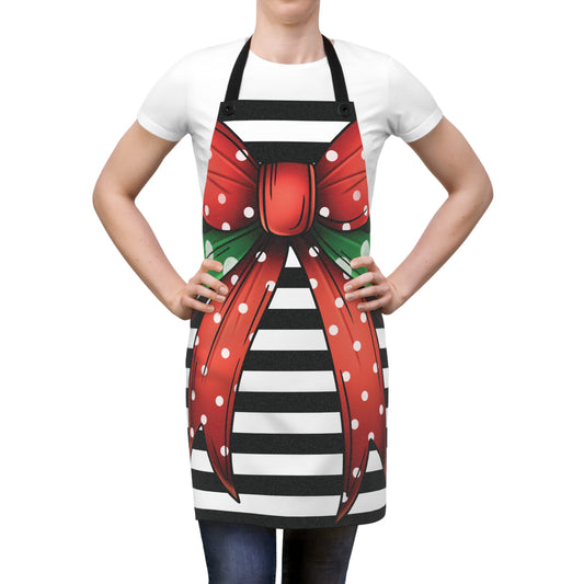 Striped Red Bow Apron with Detachable Straps - Lightweight Cooking Accessory