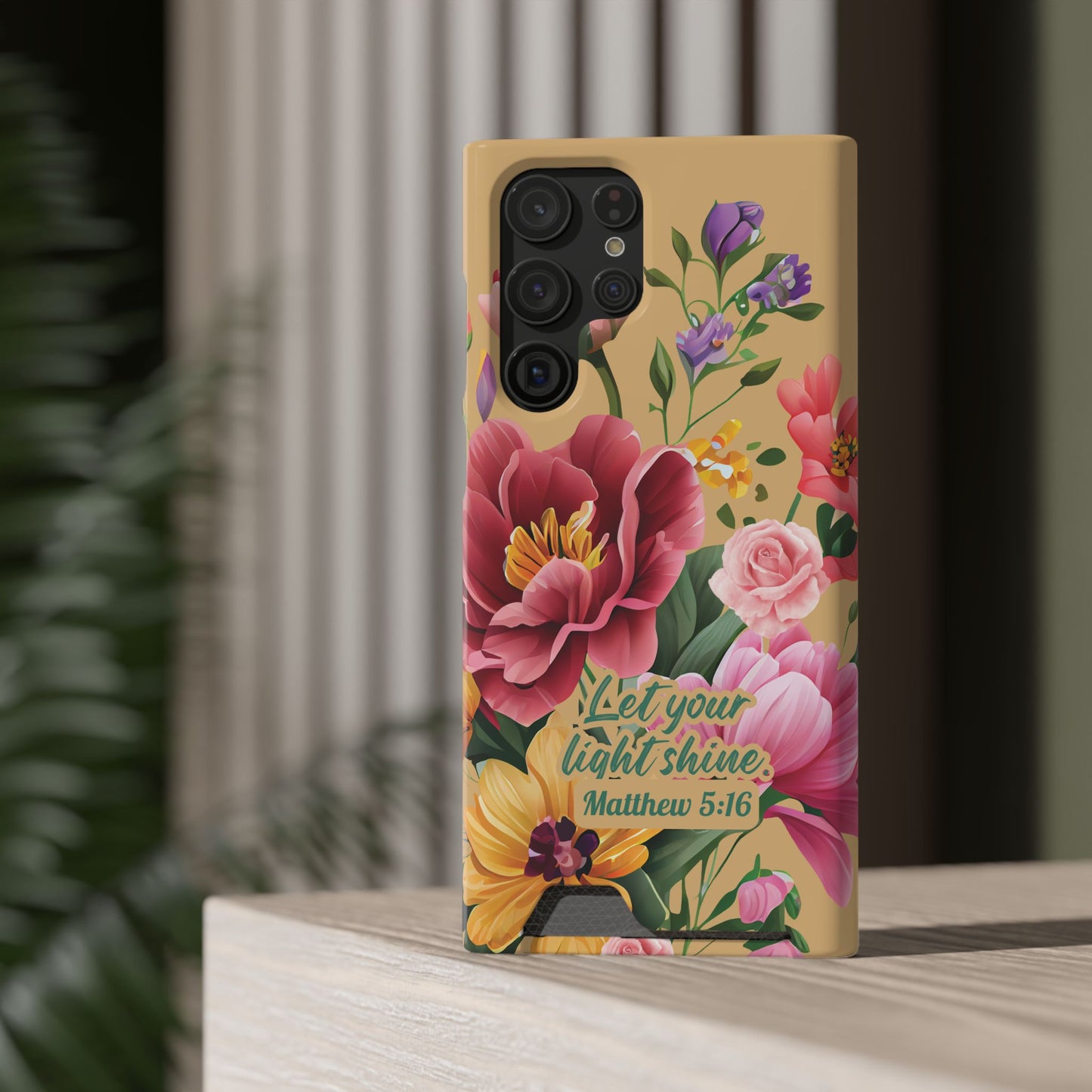 Floral Bible Verse Phone Case with Card Holder — "Let Your Light Shine" (Matthew 5:16)