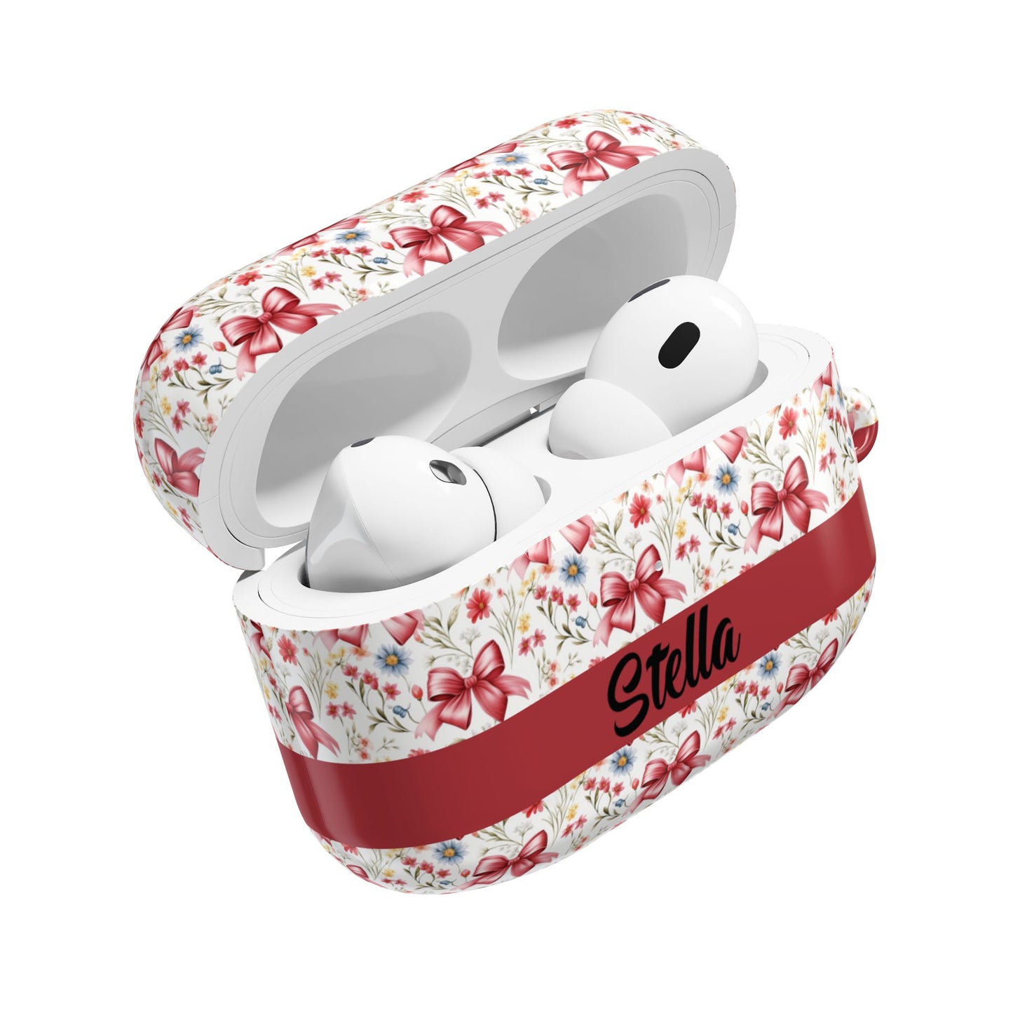 Personalized Rosette Coquette Floral AirPods Pro Gen 1, 2 and Airpods Gen 1, 2, 3, 4 Case — Red Bow Pattern with Custom Name Text.