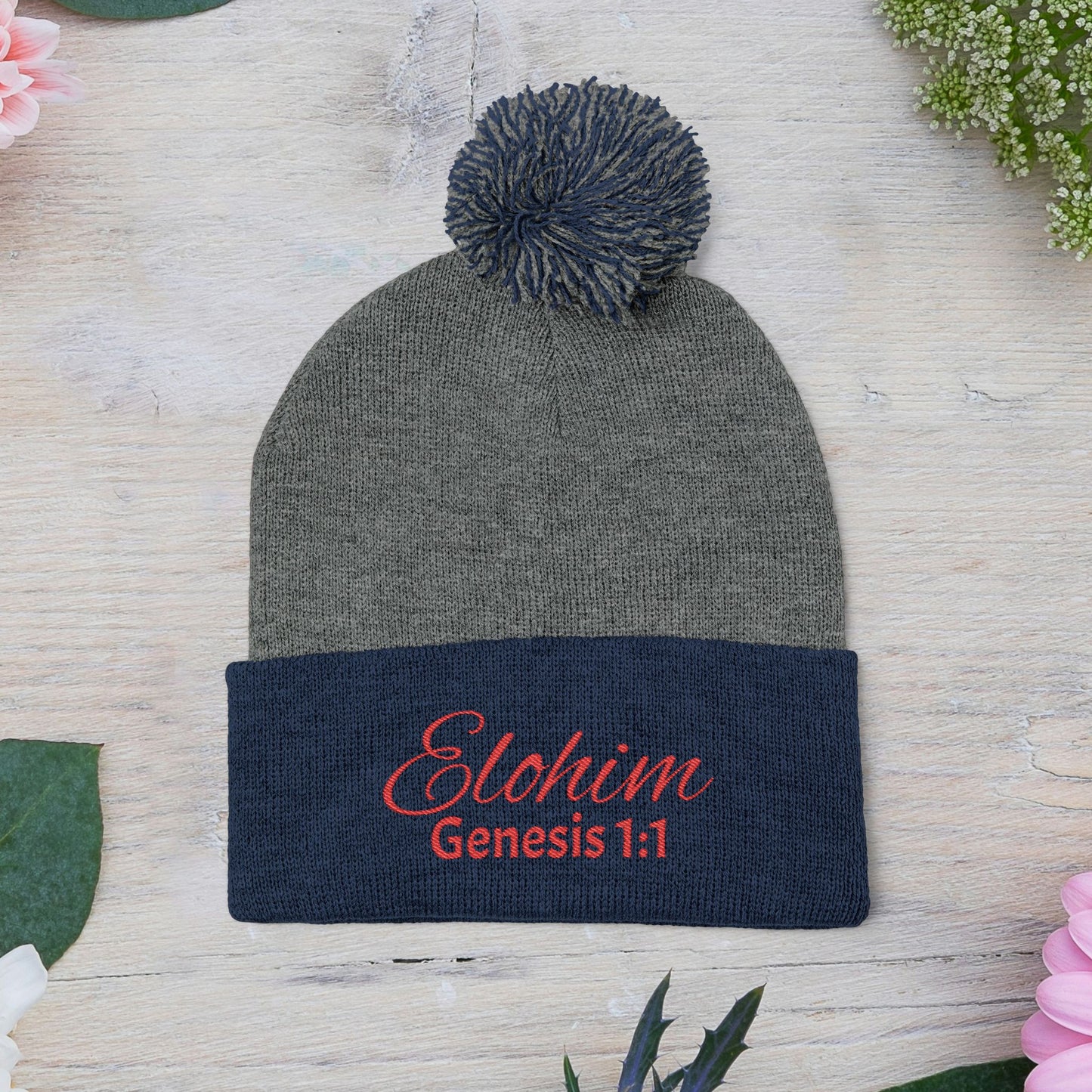Red Pom-Pom Knit Cap with 'ELOHIM, GENESIS 1:1'  Embroidery Beanie - Stylish Winter Accessory for All Ages, Perfect Gift for Birthdays, Holidays, and Outdoor Activities