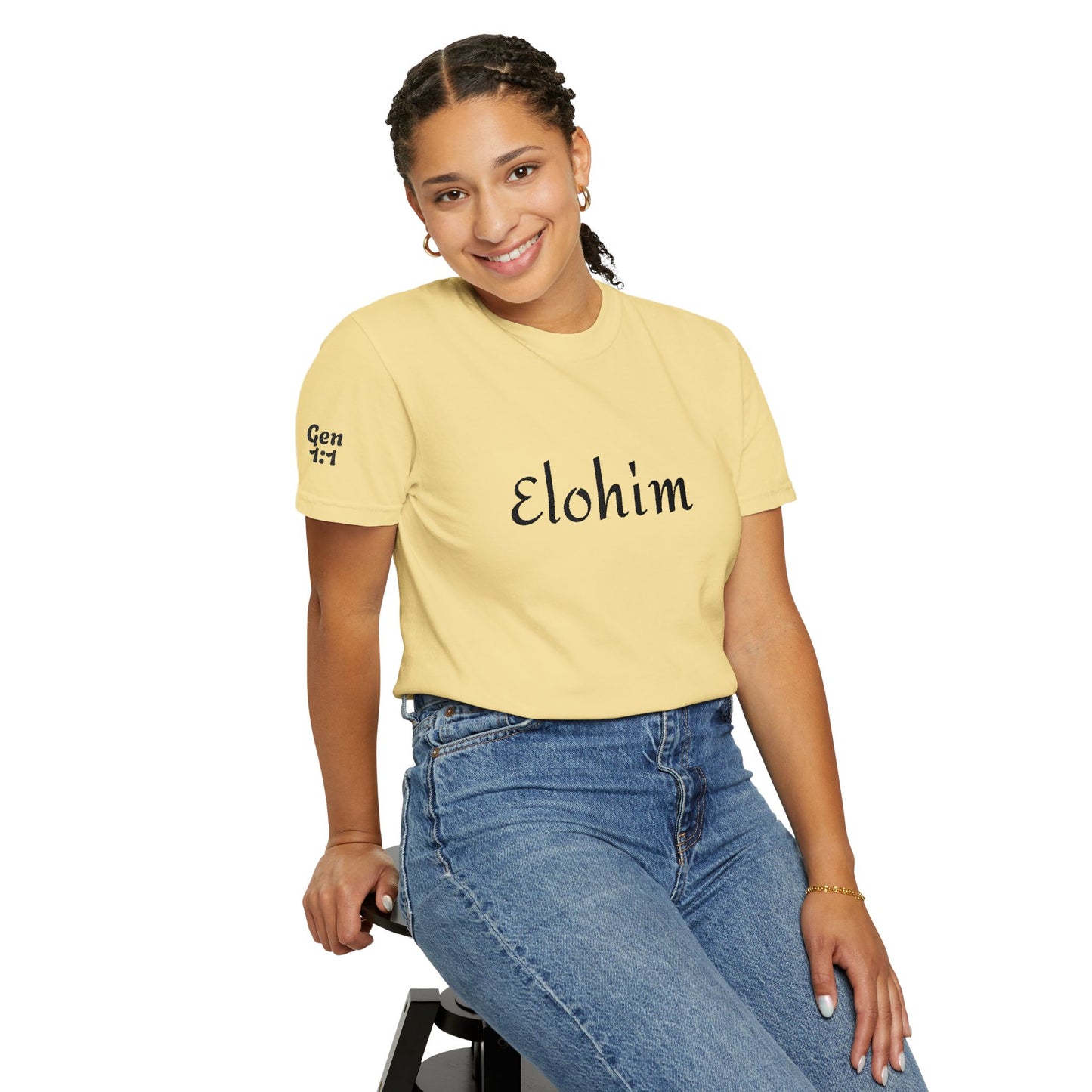 Embroidery 'ELOHIM, GENESIS 1:1' - Faith-Based Unisex Garment-Dyed Comfort Colors T-shirt, Faith Gift Tee, Religious Tee, Embroidery Tee.