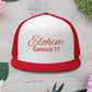 Red 'ELOHIM, GENESIS 1:1'  Embroidered 5 Panel Trucker Cap | Casual Style Hat, Adjustable, Unisex, Perfect Gift for Outdoors, Festivals, Daily Wear