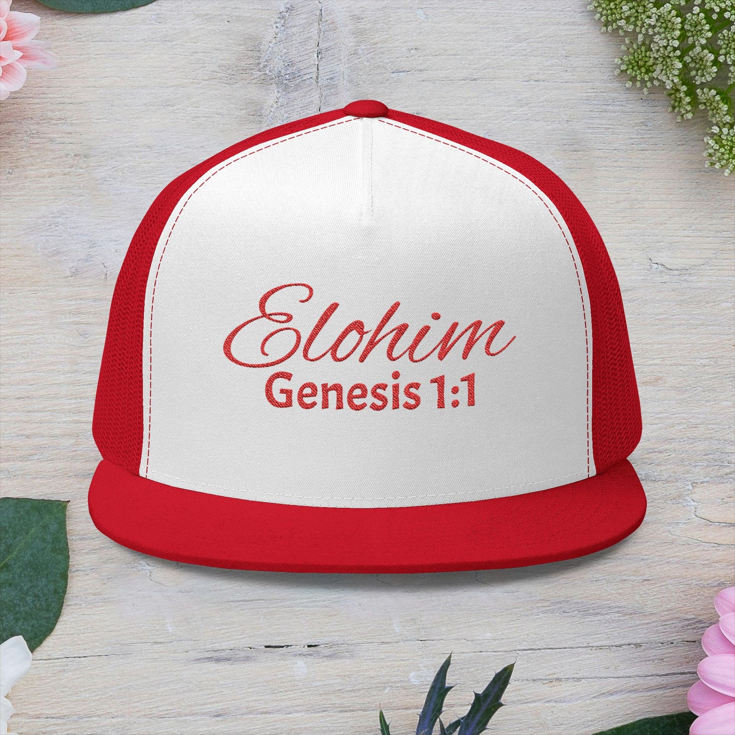 Red 'ELOHIM, GENESIS 1:1'  Embroidered 5 Panel Trucker Cap | Casual Style Hat, Adjustable, Unisex, Perfect Gift for Outdoors, Festivals, Daily Wear