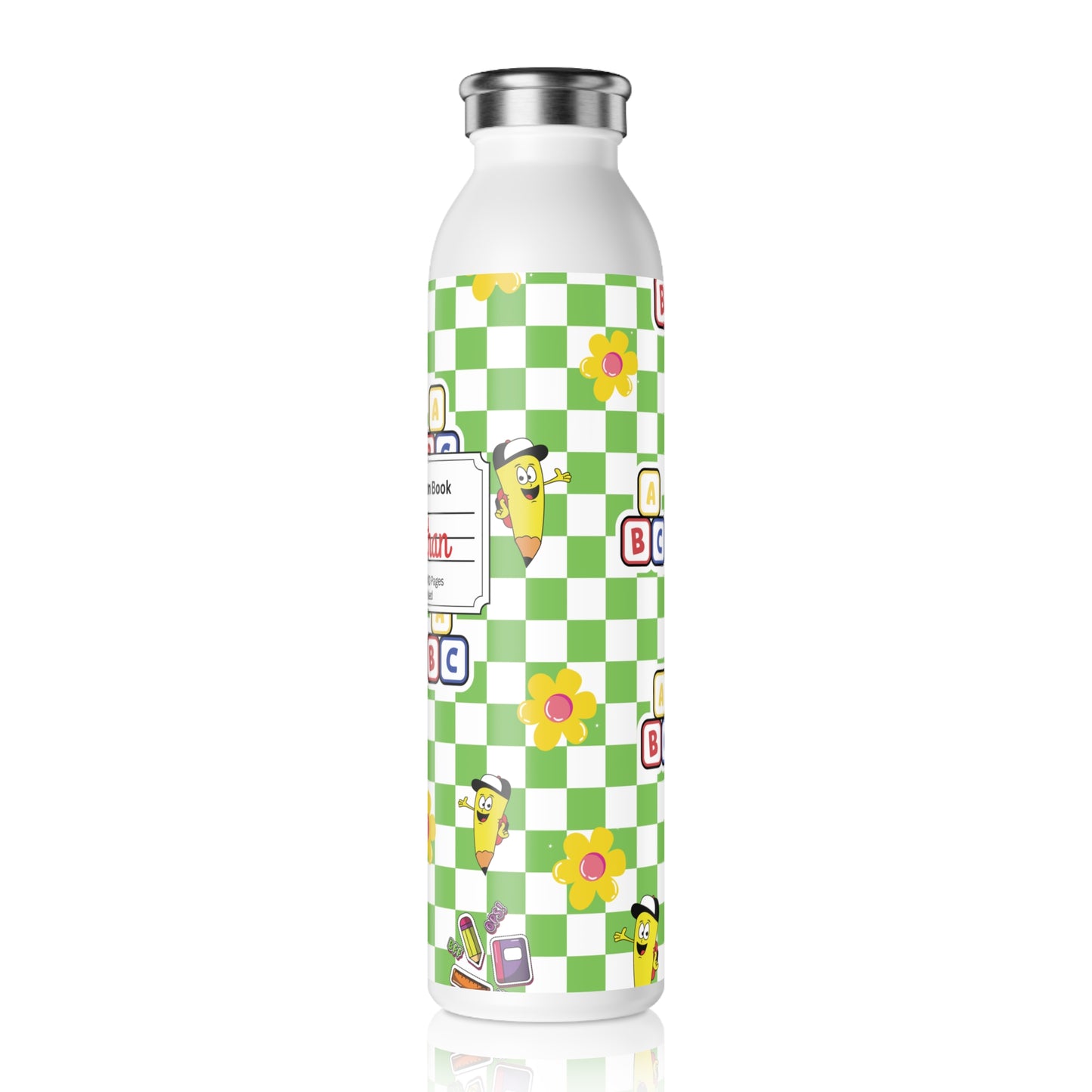 Personalized Green SchoolYard Chic Composition Book Inspired Slim Water Bottle, Customizable Drinkware, Eco-Friendly Hydration Bottle, Perfect for Gifts, School Supplies, Back to School