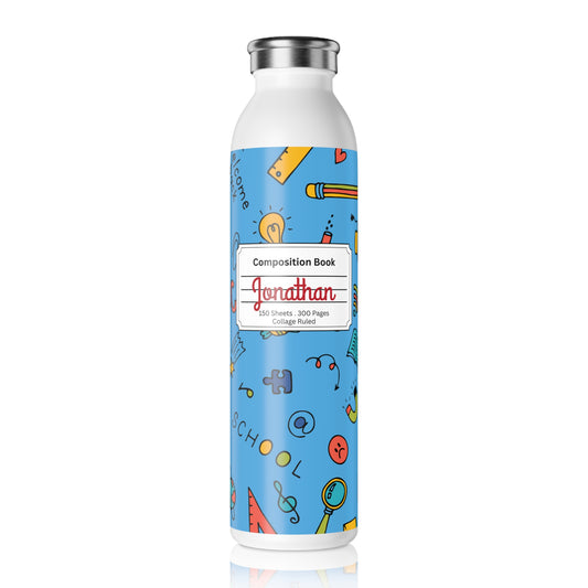 Personalized Composition Classroom Couture Book Inspired Slim Water Bottle, Customizable Drinkware, Eco-Friendly Hydration Bottle, Perfect for Gifts, School Supplies, Back to School