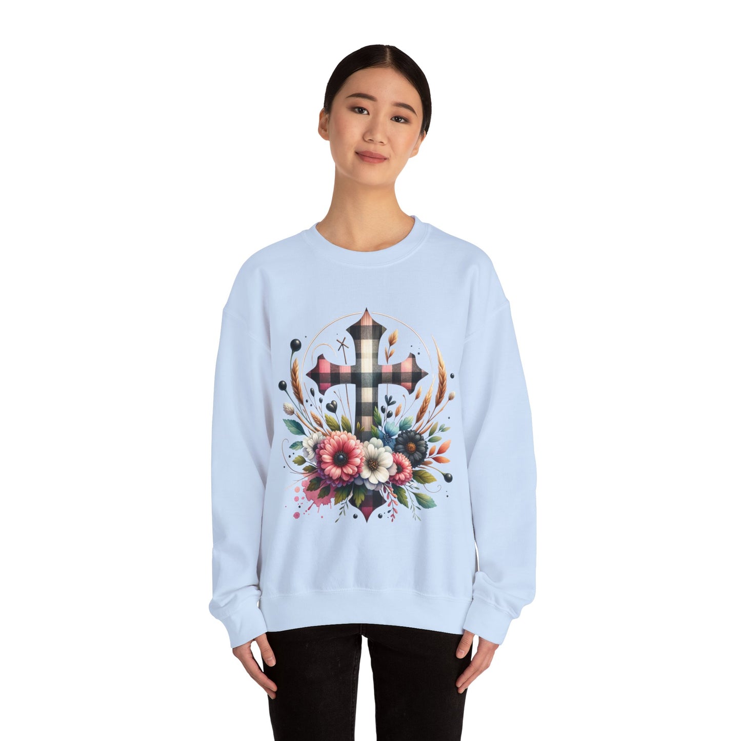 Faith and Floral Cross Unisex Heavy Gildan Blend™ Crewneck Sweatshirt.