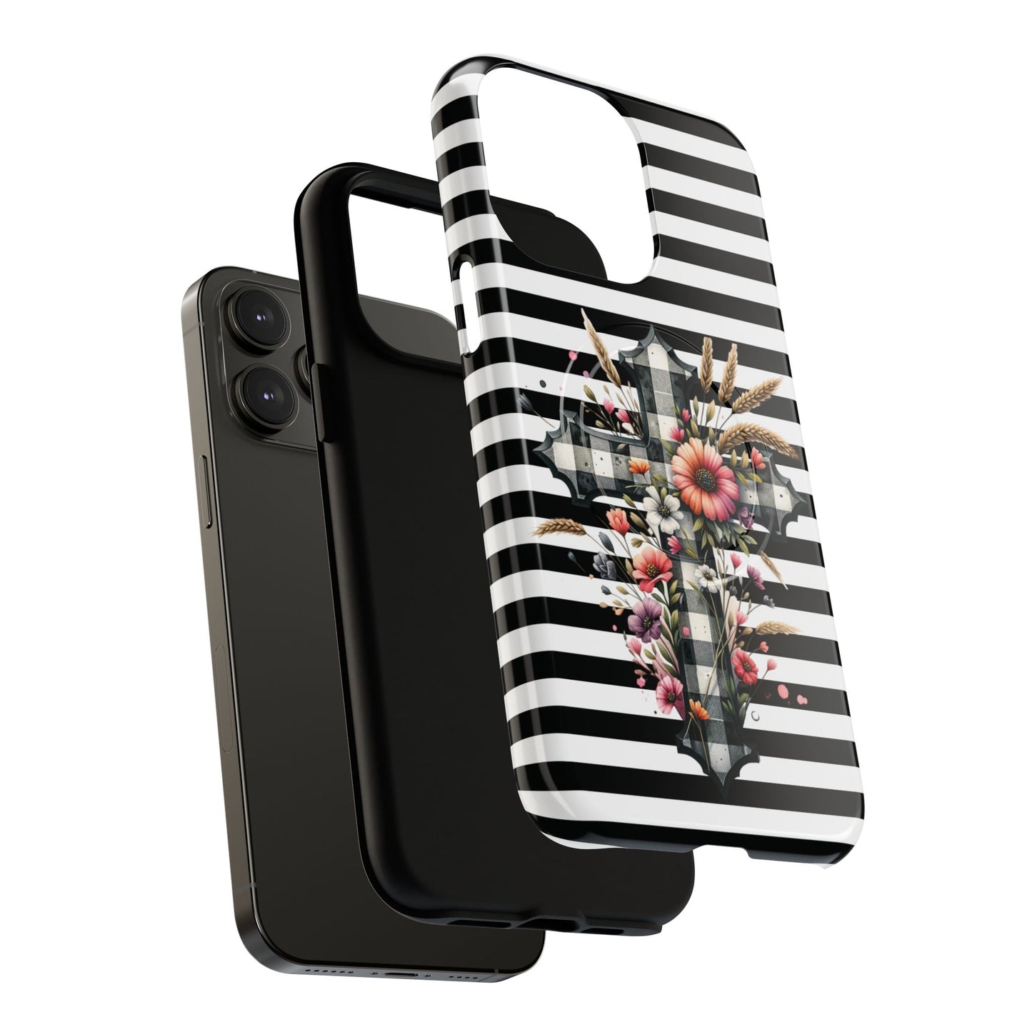 Grace in Bloom Tough Magnetic iPhone Case with Floral Cross Design, Boho iPhone Cover, Striped iPhone Case, Unique Religious Gift, Trendy Cell iPhone Accessory.
