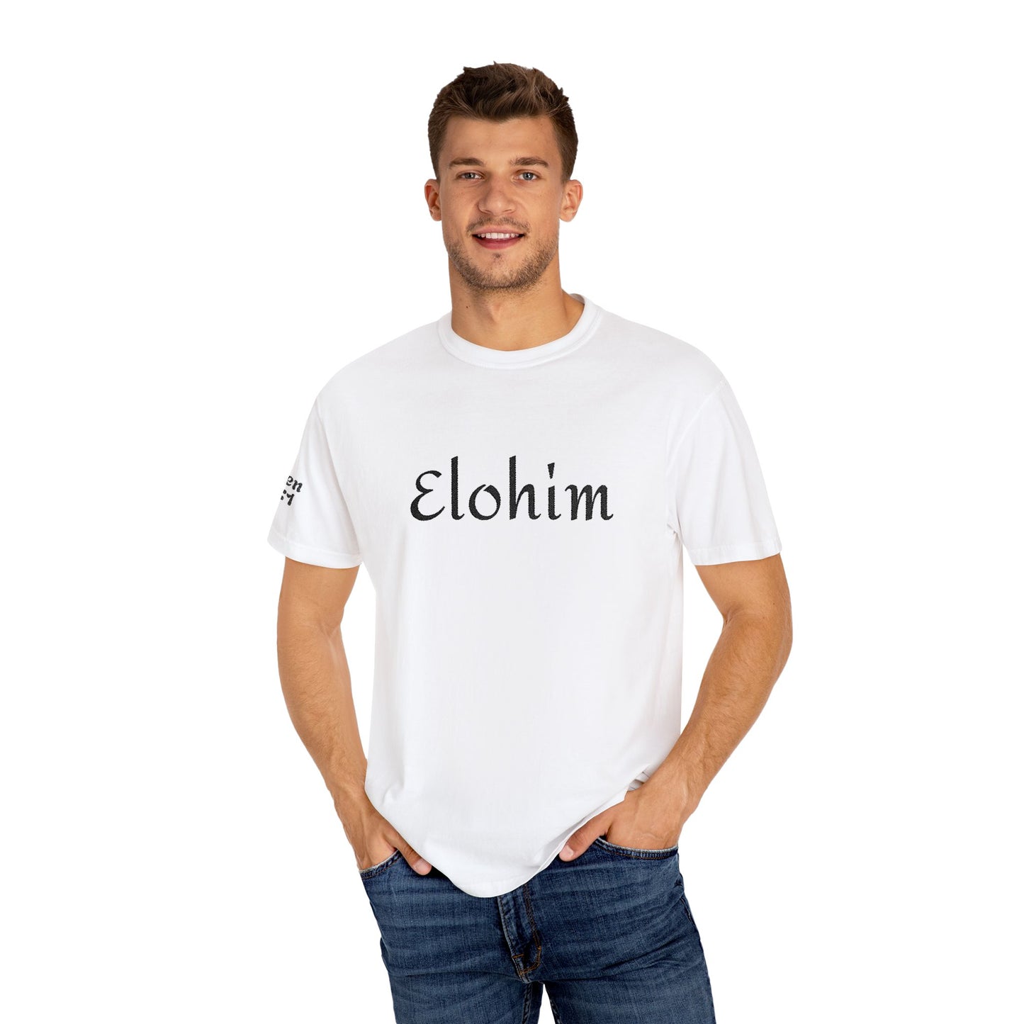 Embroidery 'ELOHIM, GENESIS 1:1' - Faith-Based Unisex Garment-Dyed Comfort Colors T-shirt, Faith Gift Tee, Religious Tee, Embroidery Tee.