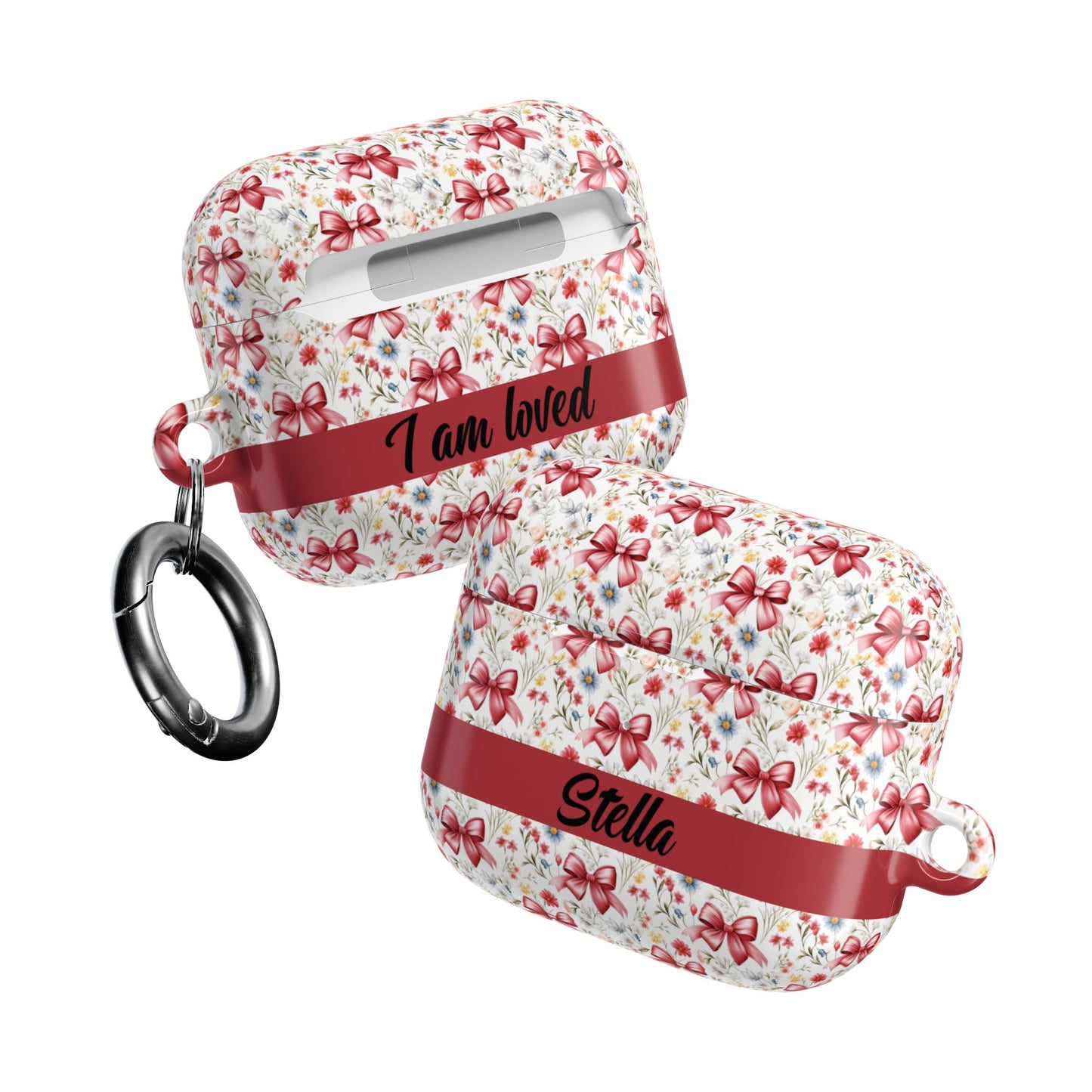 Personalized Rosette Coquette Floral AirPods Pro Gen 1, 2 and Airpods Gen 1, 2, 3, 4 Case — Red Bow Pattern with Custom Name Text.