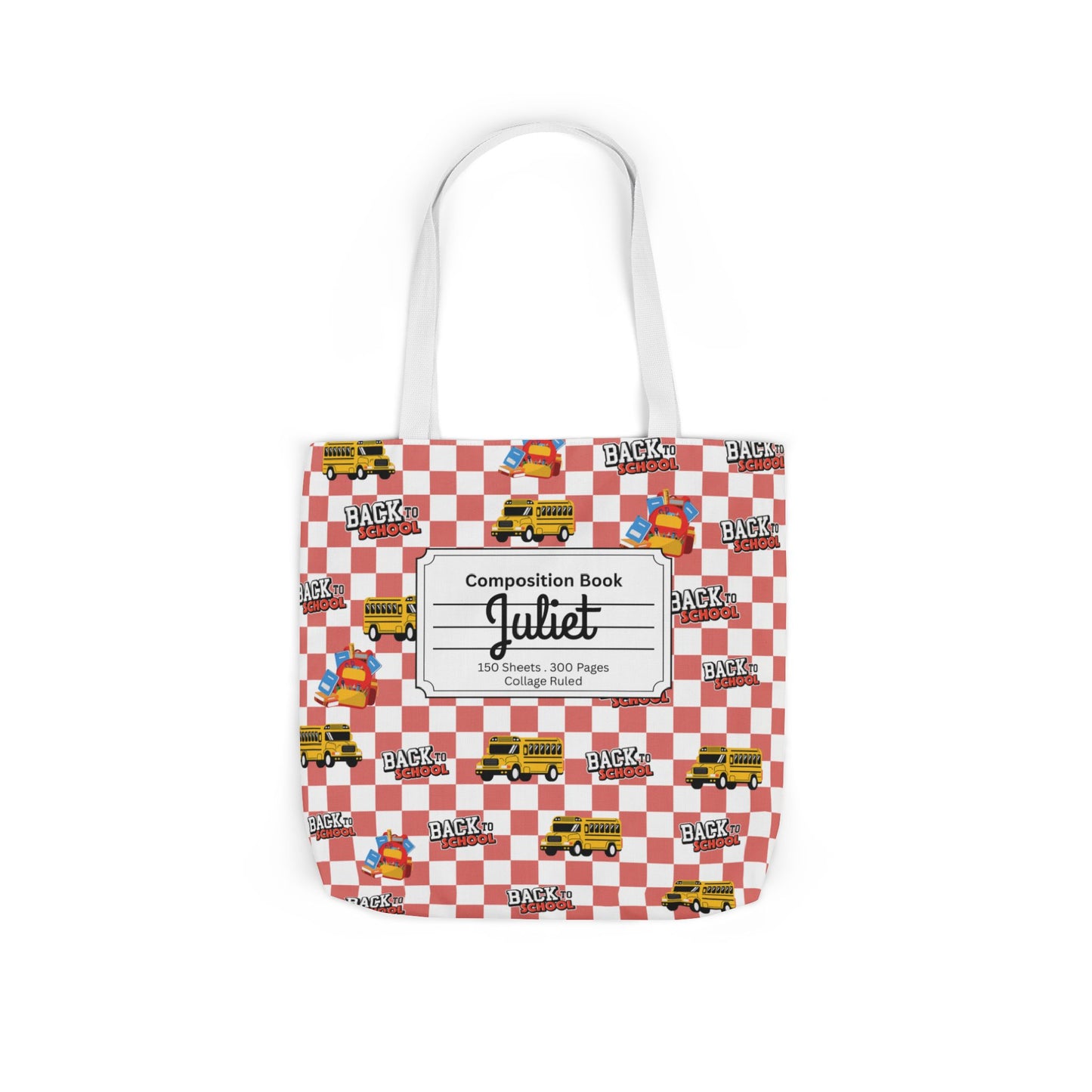 Personalized Red Schoolyard Chic Composition Book Inspired Canvas Tote Bag with Colorful Straps, Cute School Bag, Eco-Friendly Tote, Back to School Shopping Bag, Teacher Gift Idea