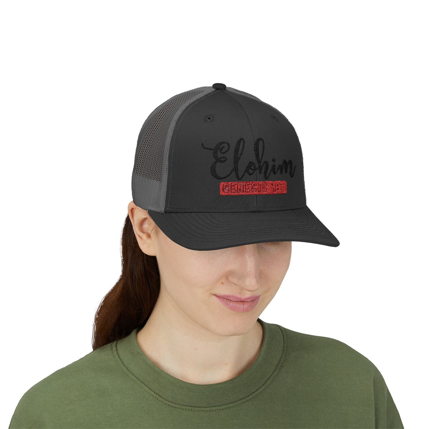 Embroidery 'ELOHIM, GENESIS 1:1' Faith Snapback Trucker Cap - Religious Hat, Stylish Accessory, Gift for Believers, Casual Wear, Outdoor Events, Faith-Based, Name of GOD.