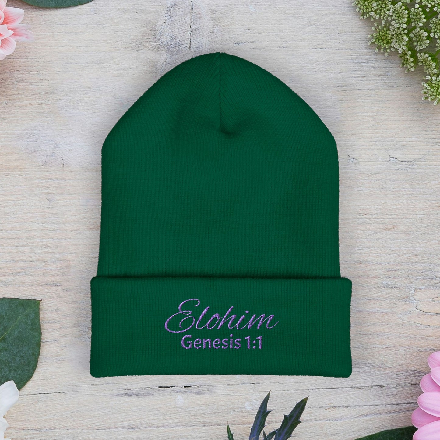 Purple Embroidered 'ELOHIM, GENESIS 1:1' Classic Cuffed Beanie - Cozy Winter Hat, Streetwear Accessory, Personalized Gifts, Religious Apparel, Unisex Beanie