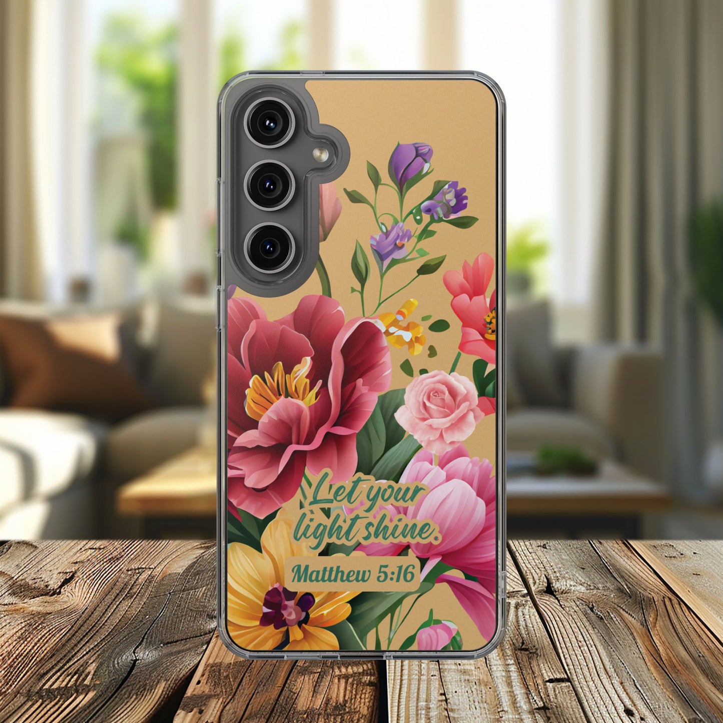 Clear Floral Bible Verse Phone Case — "Let Your Light Shine" (Matthew 5:16) for iPhone and Samsung Cases.
