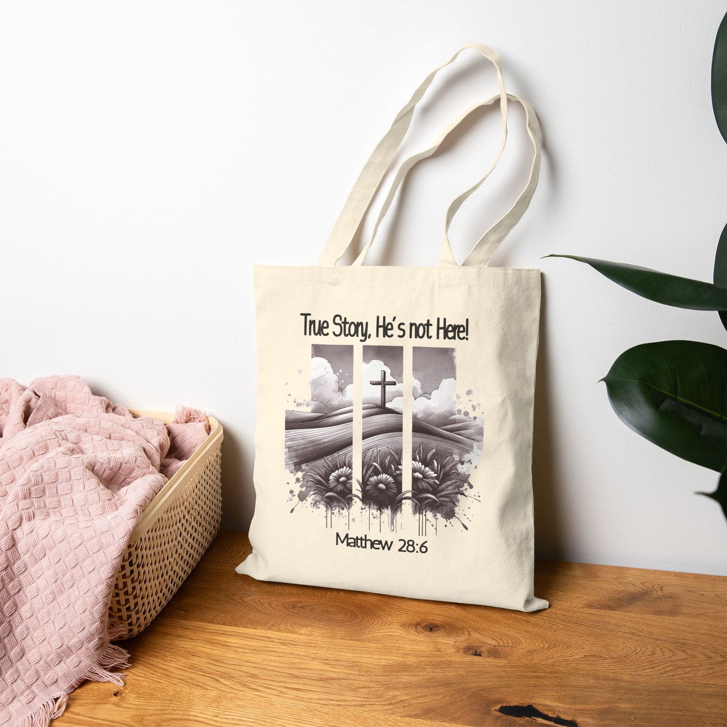 Inspirational Cotton Canvas Tote Bag - 'True Story, He's not Here!' with Matthew 28:6