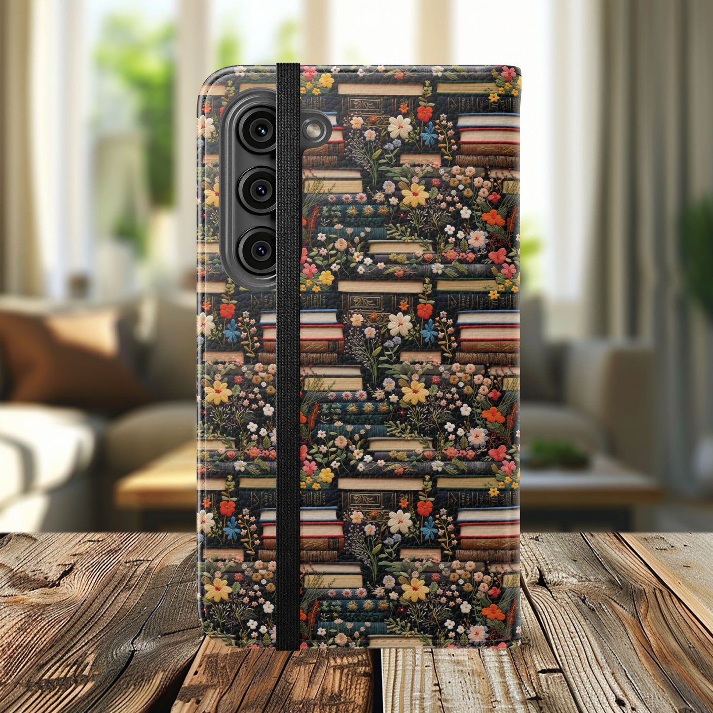 Book Stack Floral Flip iPhone and Samsung Phone Case — Vintage Library Wallet Cover.