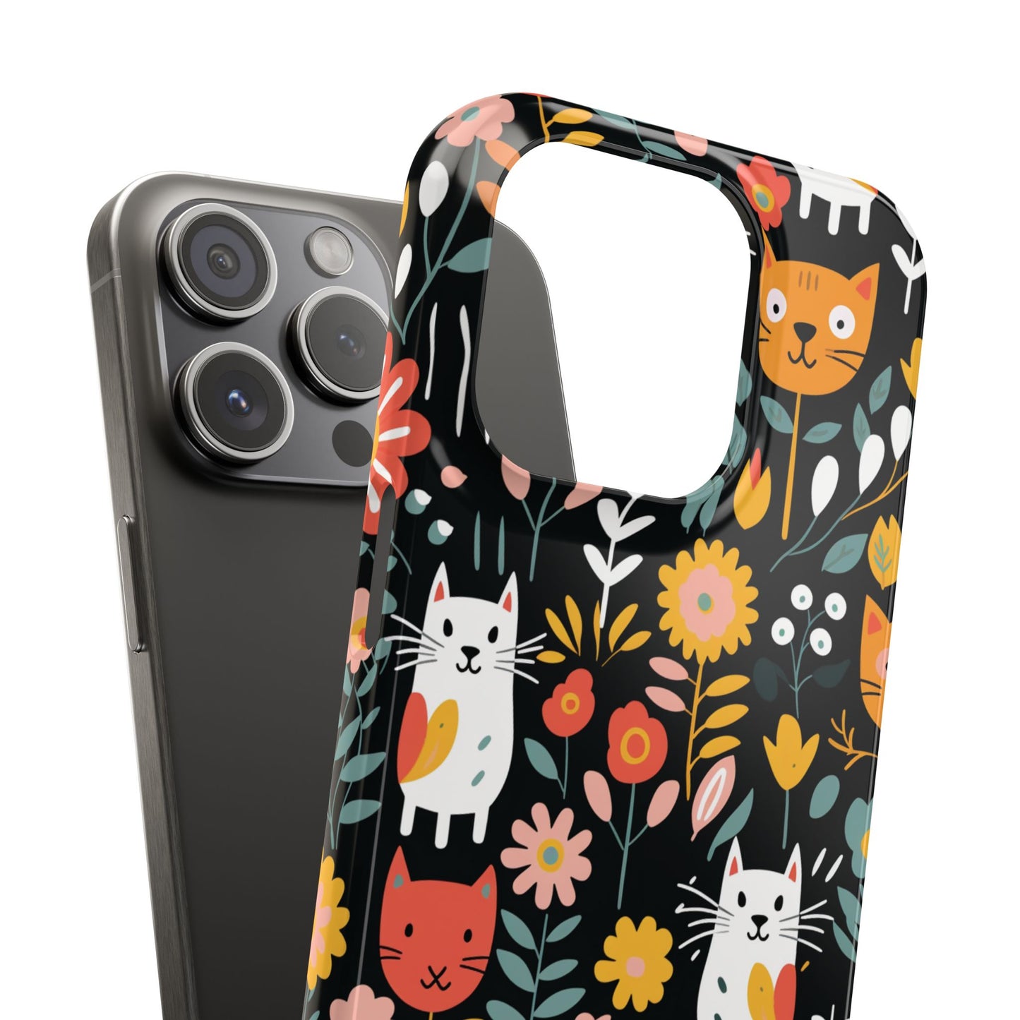 Whimsical Feline Garden iPhone Case — Slim Floral Cat Design (Matte or Glossy) for iPhones.