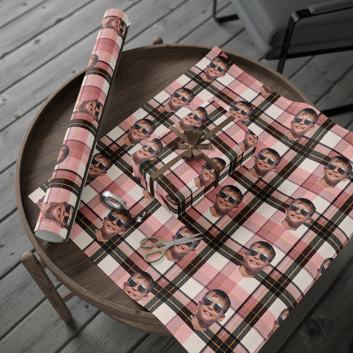 Personalized Image Plaid Wrapping Paper Roll — Pink Tartan Gift Wrap