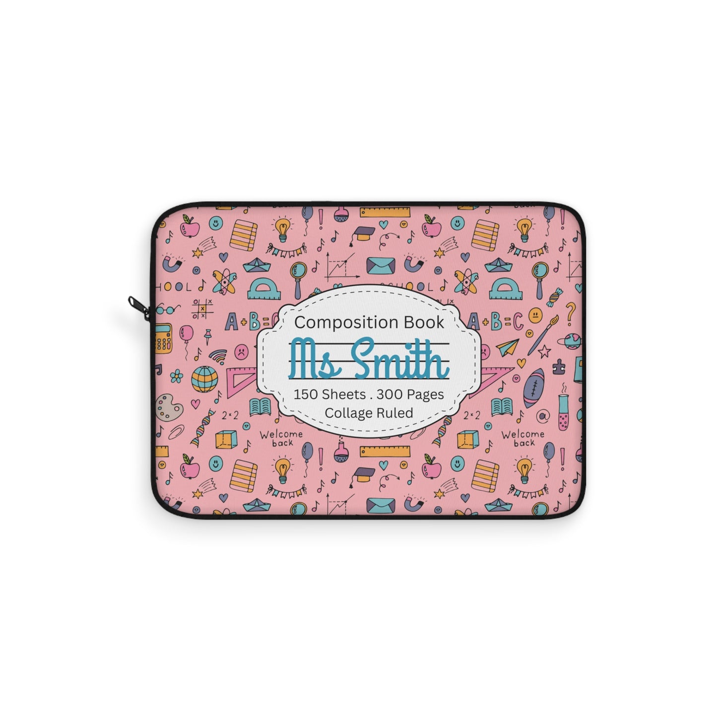 Personalized Pink Chalkboard Chic Laptop Sleeve with Composition Book Inspired Design, Educational Gift for Teachers, Classroom Organization, Back to School, Unique Teacher Accessory
