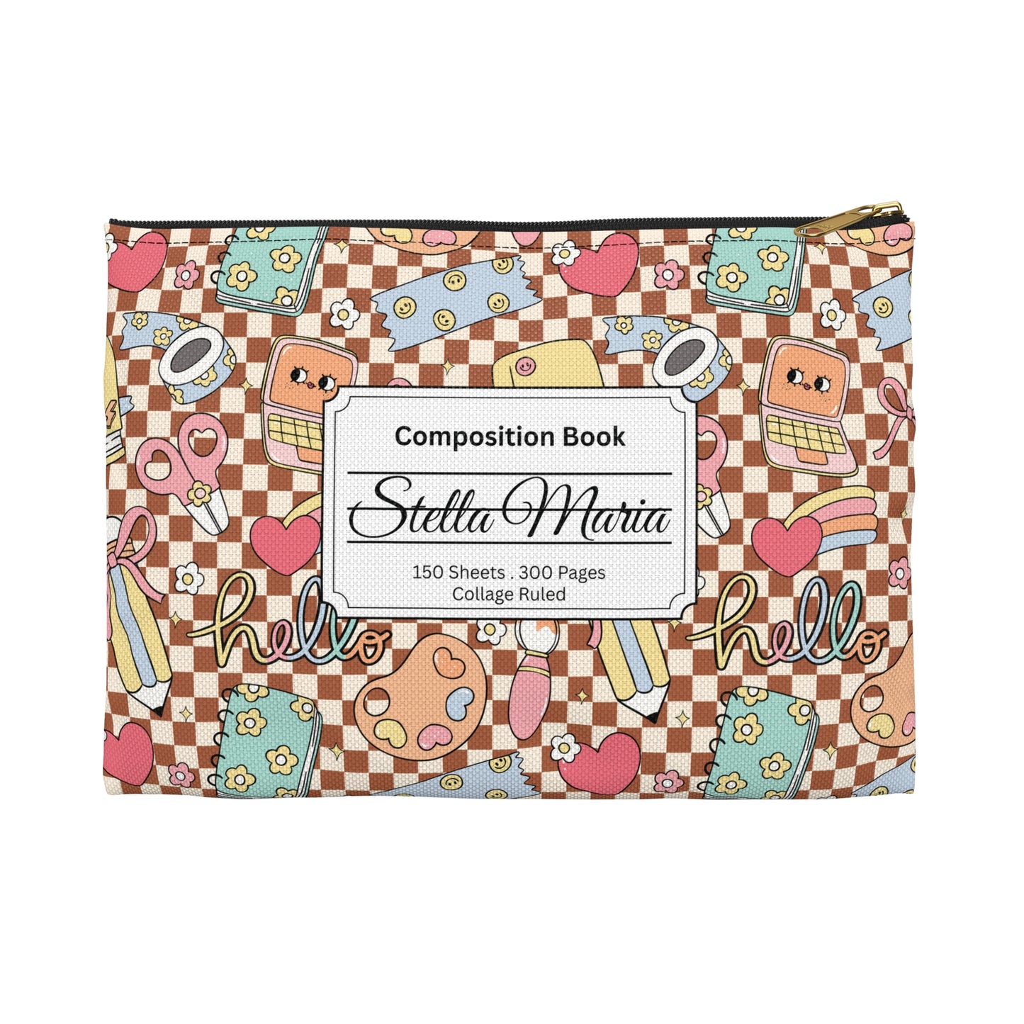 Personalized Brown Doodle Daydream Composition Book Inspired Accessory Pouch, Kids School Supplies, Classroom Organizer, Teacher Gift, Fun Stationery Case, Back to School