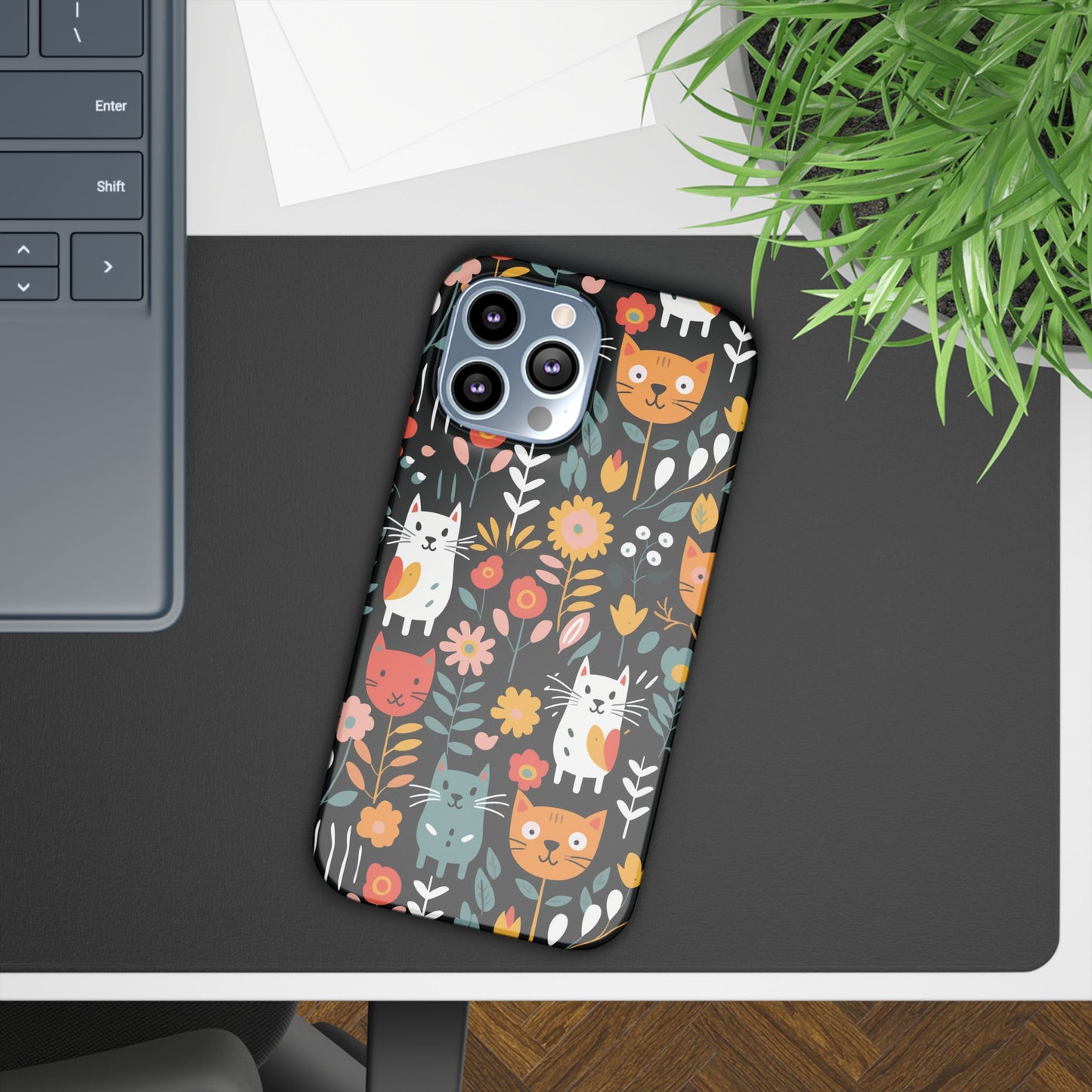 Whimsical Feline Garden iPhone Case — Slim Floral Cat Design (Matte or Glossy) for iPhones.