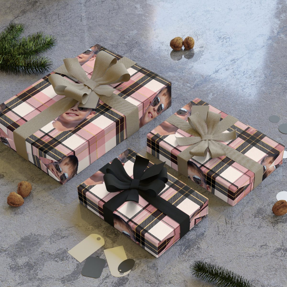 Personalized Photo Plaid Wrapping Paper Roll — Custom Face Gift Wrap
