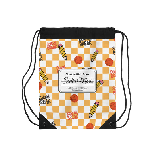 Custom Orange Schoolyard Chic Composition Book Inspired Colorful plsyful icons Drawstring Bag | Personalized College Ruled Tote | Kids School Gear | Fun Gym Sack | Back to School Accessory