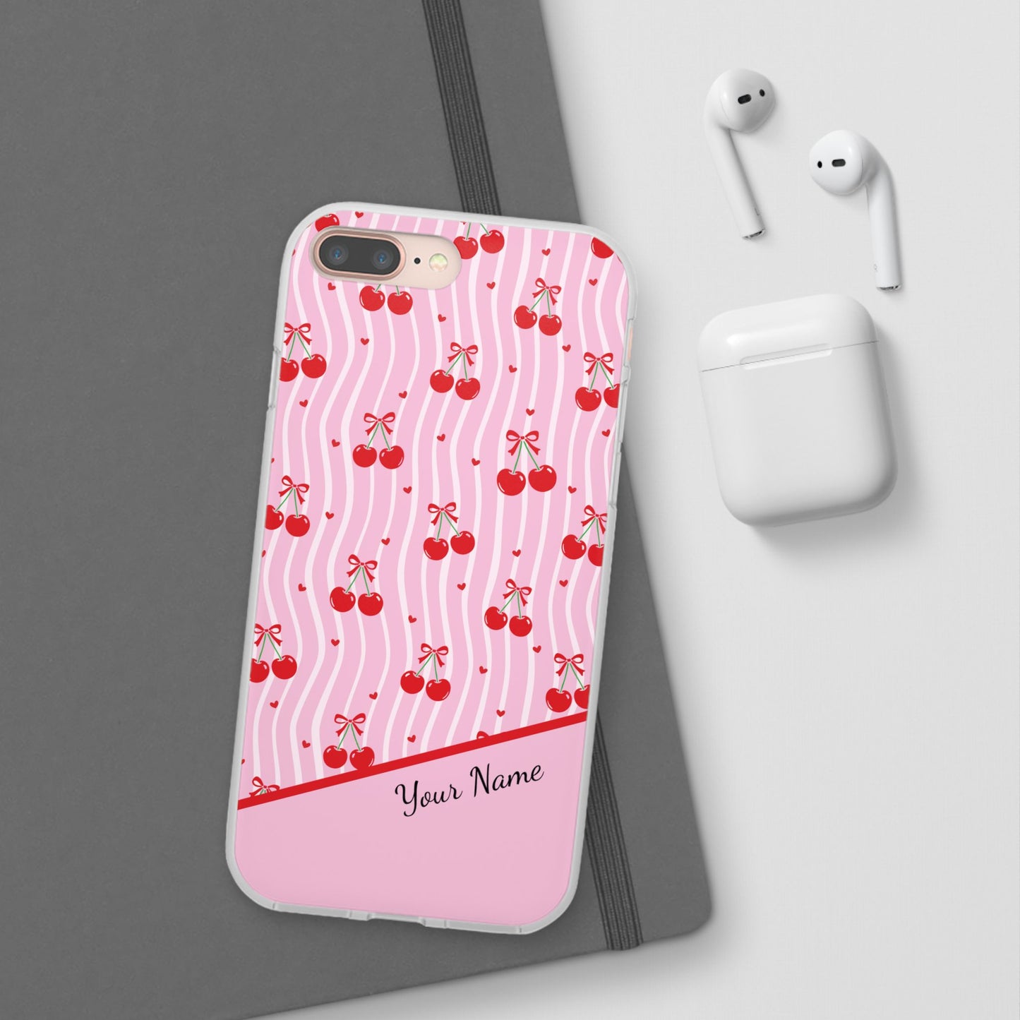 Personalized Cherry Blossom Dreams Flexi Case — Pink Retro Cherry iPhone® 7/8, 11, 12, 13, 14, 15, 16, 17, X/XS, SE, XR, Mini, Pro, Pro Max, Plus Cases.