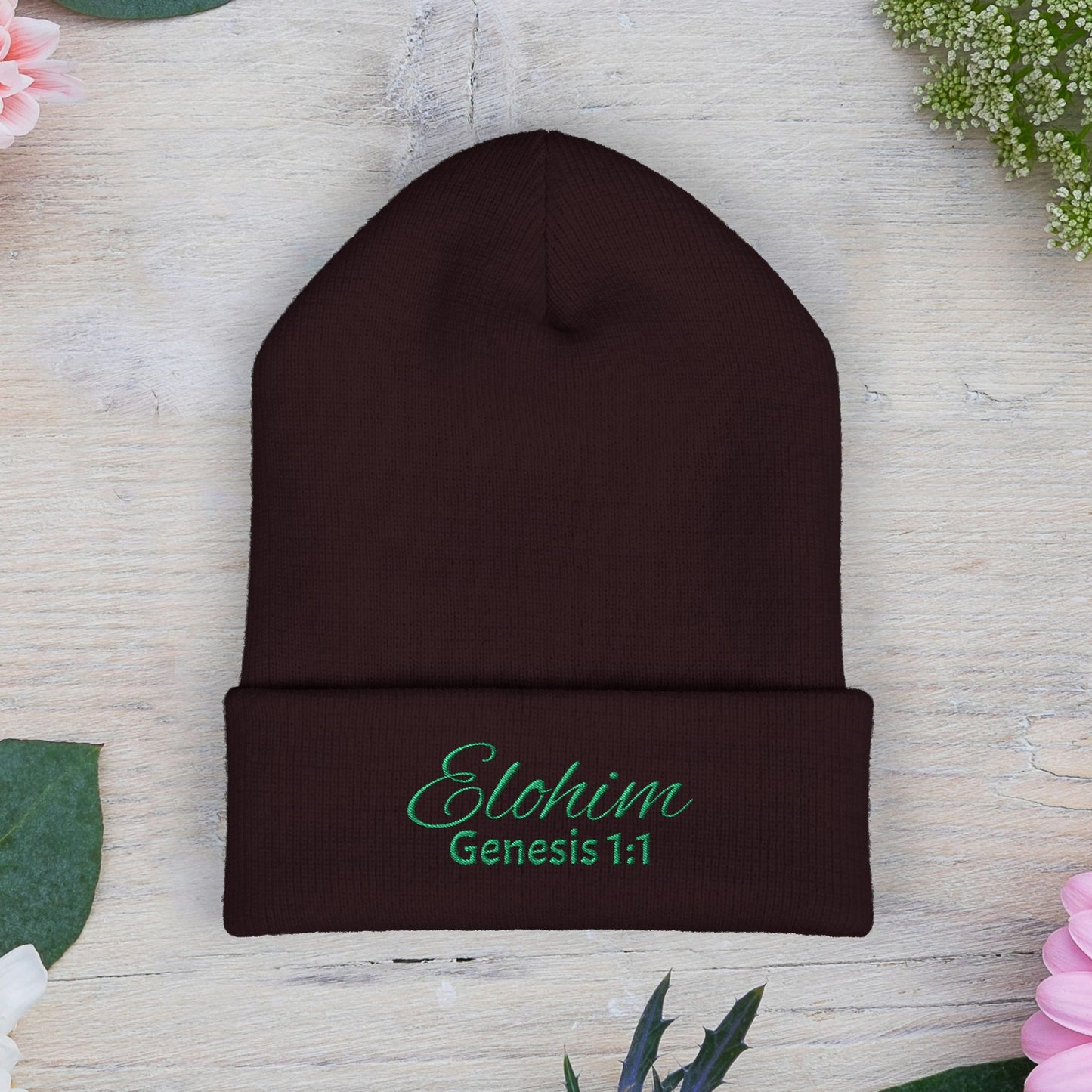 Green Embroidered 'ELOHIM, GENESIS 1:1' Classic Cuffed Beanie - Cozy Winter Hat, Streetwear Accessory, Personalized Gifts, Religious Apparel, Unisex Beanie
